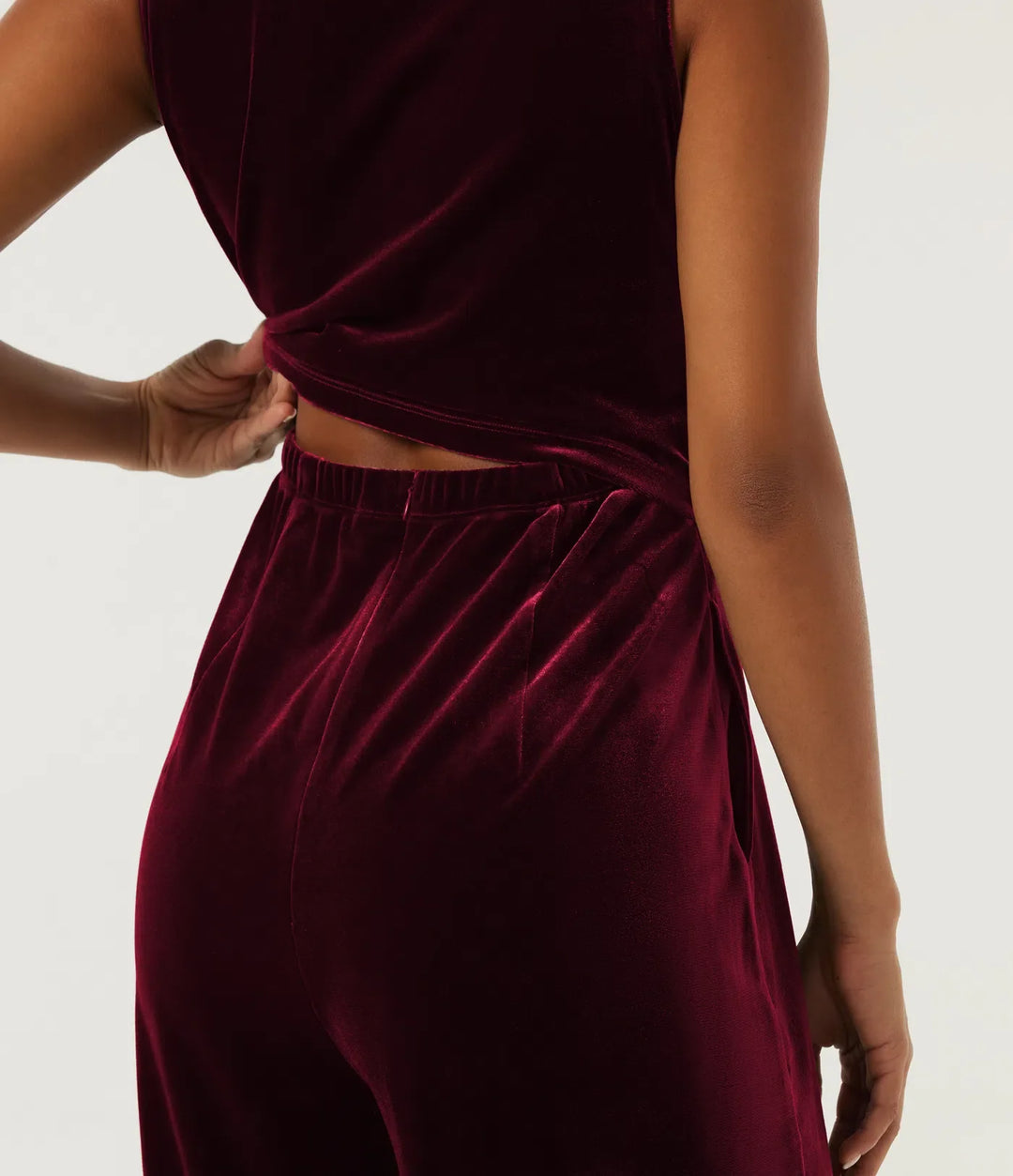 V Neck Ruched Wide Leg Velvet Party Jumpsuit with Built-in Bra and Pockets -Easy Peezy Edition