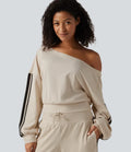 Boat Neck Long Sleeve Side Stripe Waffle Casual Top