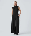 Mock-neck Zipper Sleeveless Work Wide Leg Jumpsuit with Pockets
