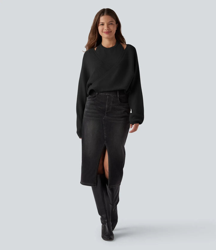 Halter Long Sleeve Wrap 2-in-1 Casual Sweater