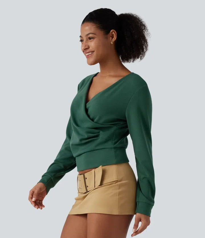 V Neck Long Sleeve Crossover Ruched Yoga Sweatshirt