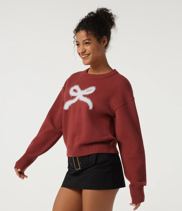 Round Neck Drop Shoulder Long Sleeve Bow Casual Sweater