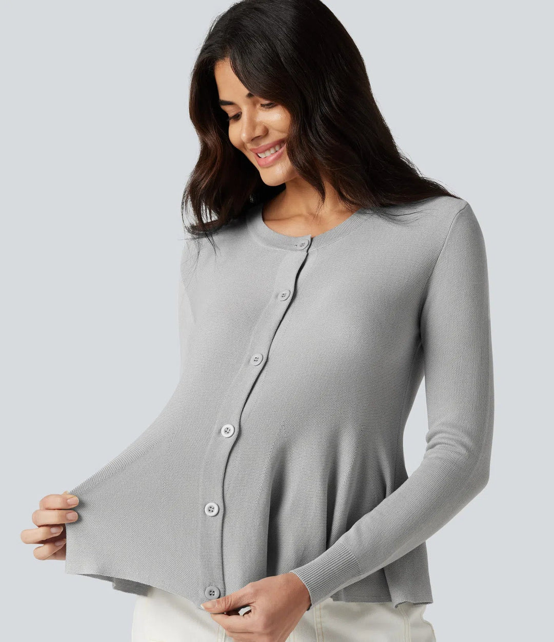 Round Neck Long Sleeve Ruffle Hem Work Cardigan