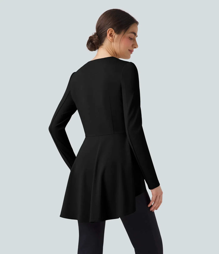 V Neck Long Sleeve Ruffe Hem High Low Work Coat