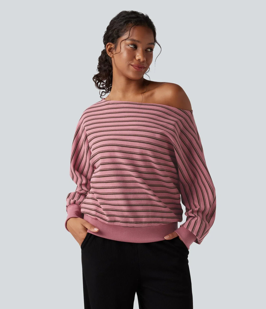 Off-shoulder Long Sleeve Stripes Relaxed Casual Sweatshirt