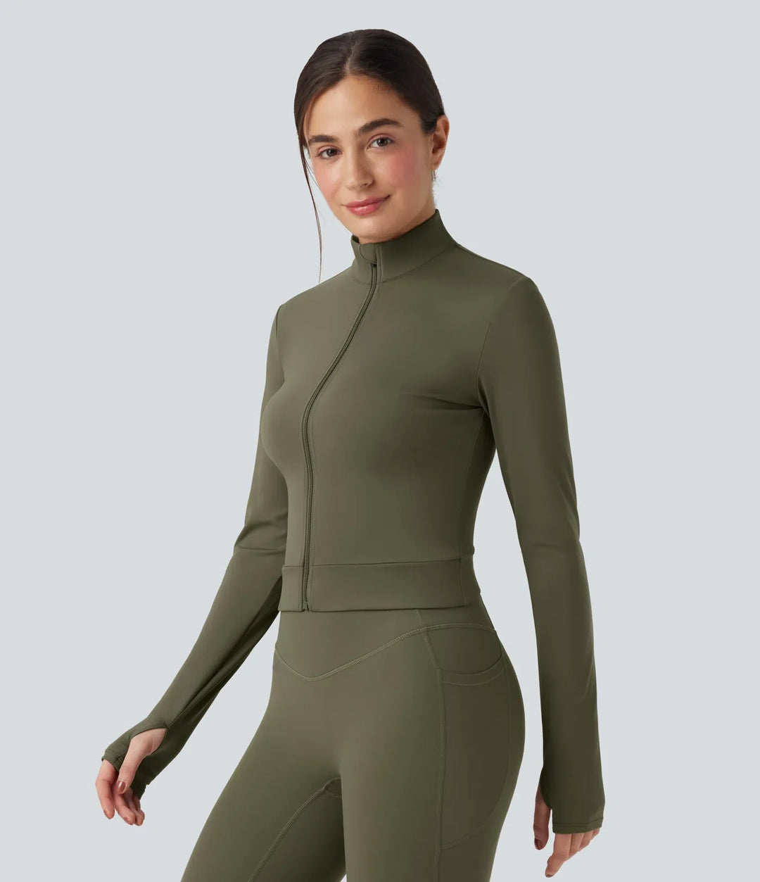 SoftlyZero Plush Stand Collar Long Sleeve Thumb Holes Crossover Back Yoga Jackets