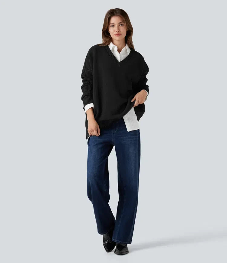 V-neck Reglan Long Sleeve Relaxed Fit Casual Sweater