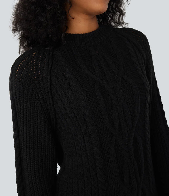 Round Neck Raglan Long Sleeve Relaxed Cable Knit Casual Sweater