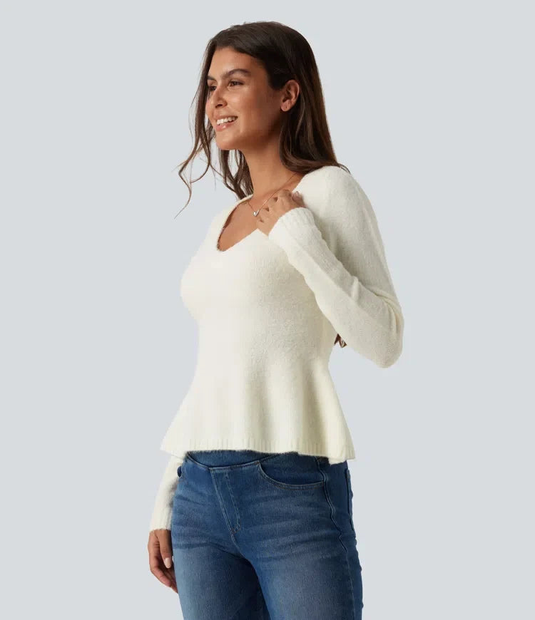V Neck Long Sleeve Ruffle Hem Slim Casual Sweater