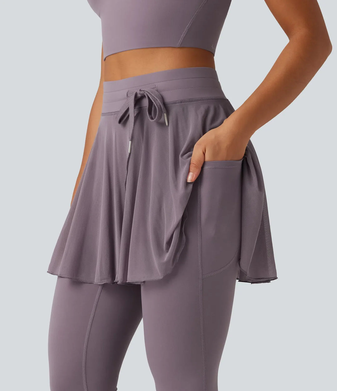 SoftlyZero High Waisted Drawstring Mesh Dance Skirted Leggings with Pockets
