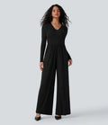 Ribbed V Neck Wrapped Tie Back Long Sleeve Wide Leg Casual Jumpsuit with Pockets-Easy Peezy Edition