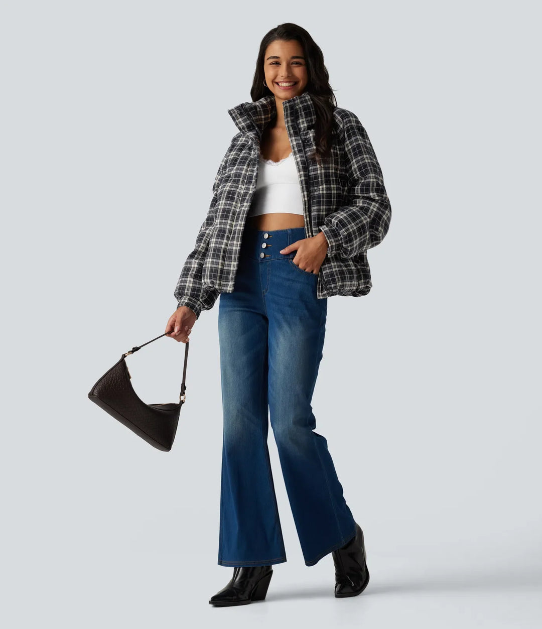Stand Collar Long Sleeve Plaid Casual Padded Jacket with Pockets