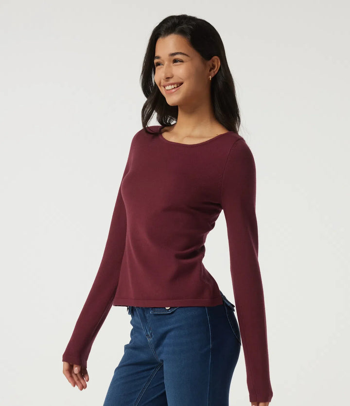 Boat Neck Long Sleeve Contrast Lace Cut Out Back Casual Sweater
