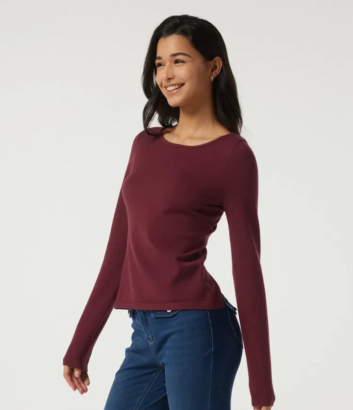 Boat Neck Long Sleeve Contrast Lace Cut Out Back Casual Sweater