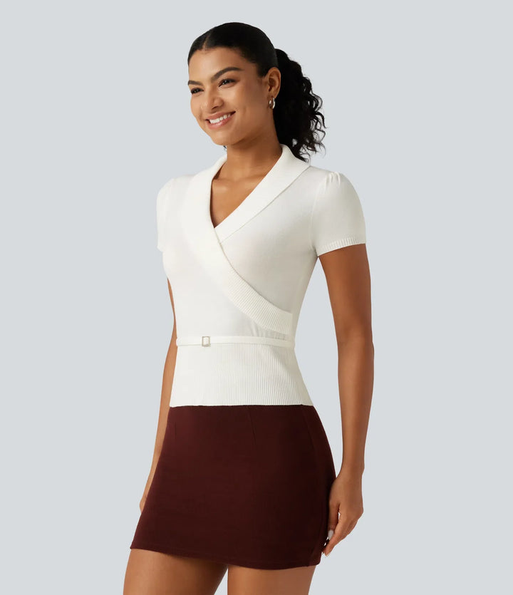 V Neck Short Sleeve Ruched Slim Casual Sweater