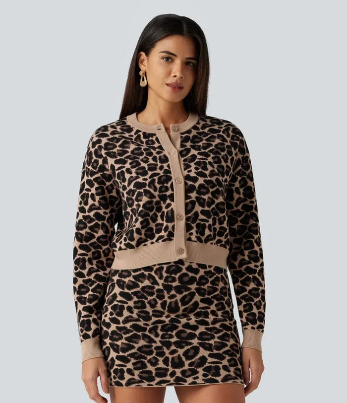 Round Neck Long Sleeve Leopard Print Casual Cardigan