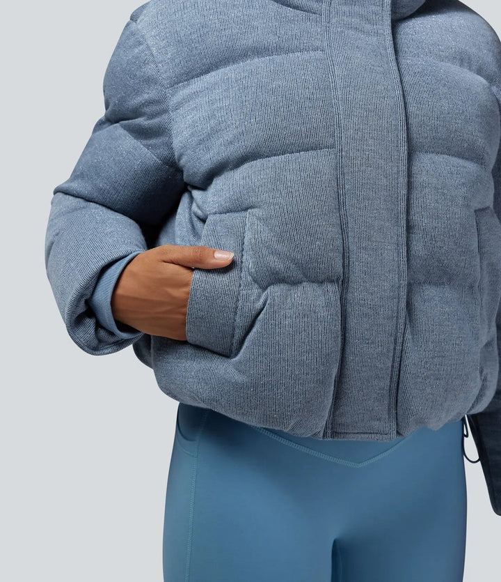 High Neck Drawstring Hem Sparkle Casual Puffer Jacket with Pockets