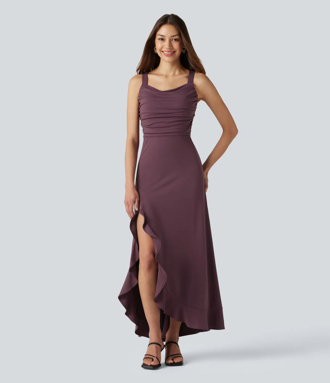 Crisscross Backless Split Ruffle Hem Built-in Bra Midi Party Flowy Dress