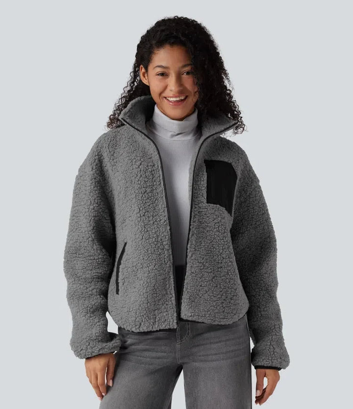 Turtleneck Long Sleeve Casual Sherpa Jacket with Pockets