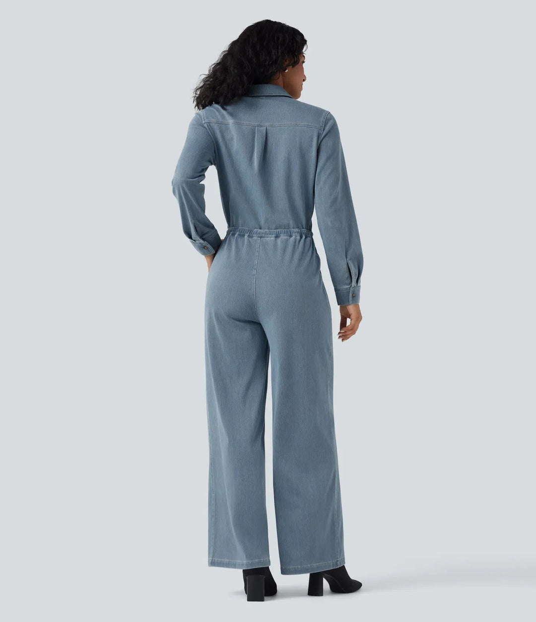 Halara Flex Long Sleeve Drawstring Wide Leg Washed Denim Casual Jumpsuit with Pockets-Easy Peezy Edition