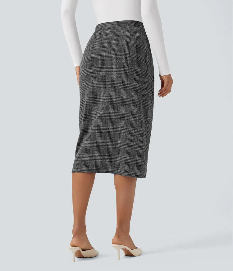 High Waisted 2-in-1 Tulip Hem Houndstooth Plaid Midi Work Skirt
