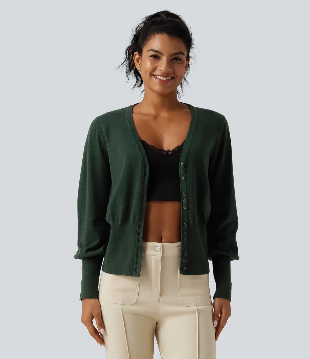 V Neck Bishop Long Sleeve Work Cardigan