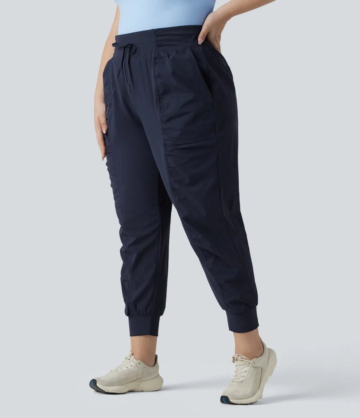 Plus Size High Waisted Drawstring Ruched Tapered Quick Dry Cool Touch Dance Joggers with Pockets-UPF40+