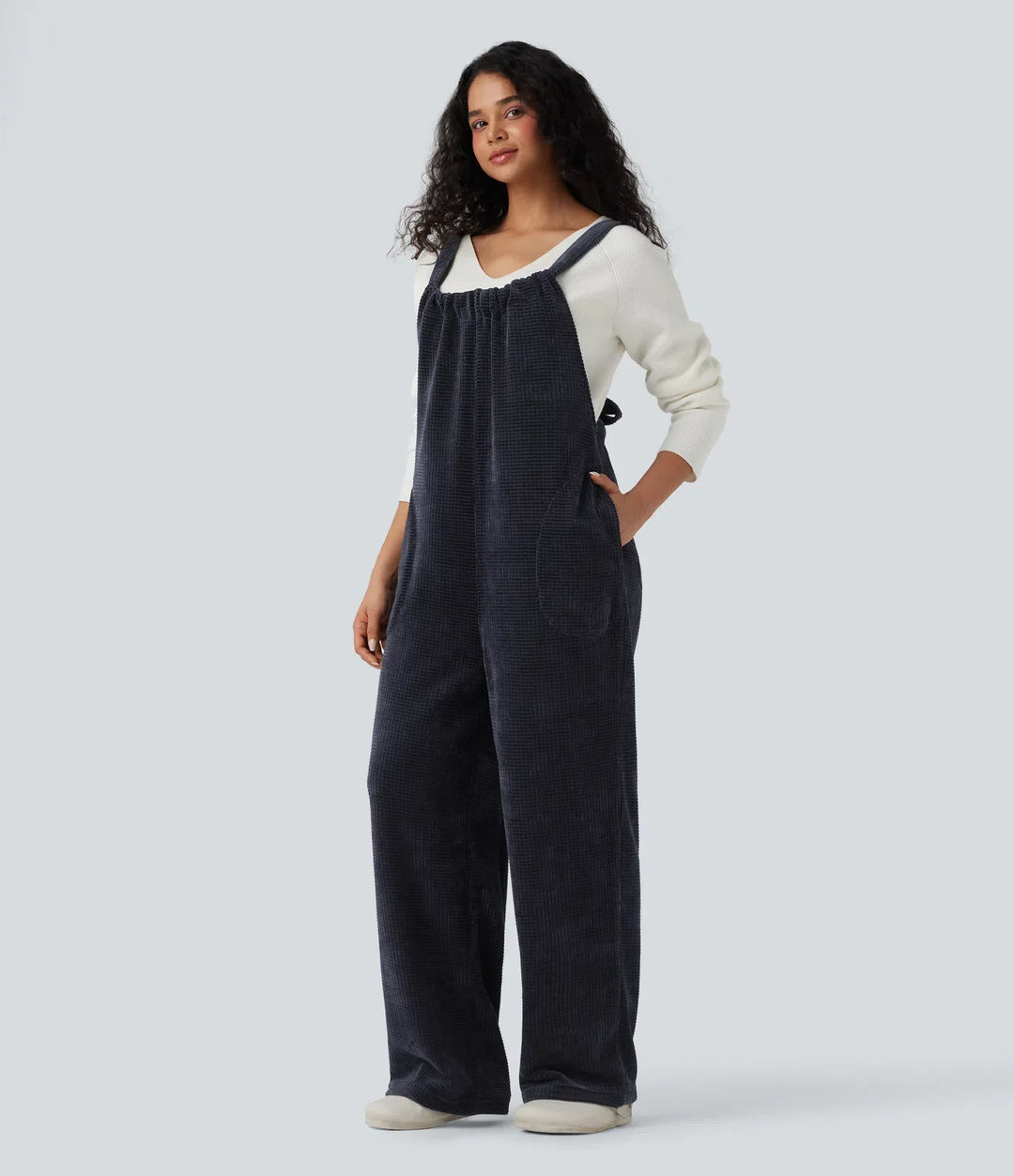 Tie Back Chenille Waffle Casual Overalls with Pockets