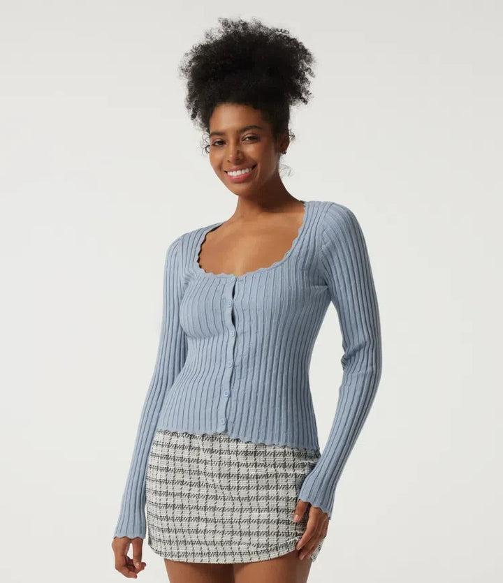 Ribbed Knit Square Neck Long Sleeve Casual Sweater