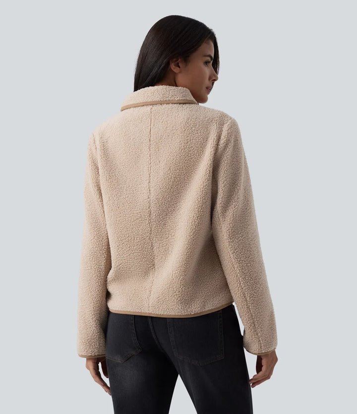 Collar Long Sleeve Casual Sherpa Jacket with Pockets