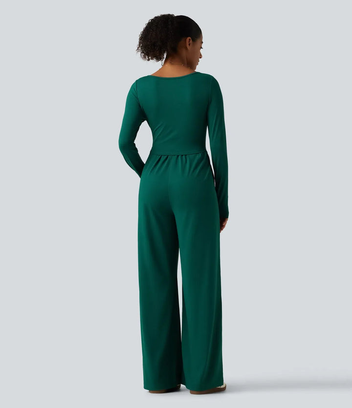V Neck Long Sleeve Ruched Wide Leg Casual Jumpsuit with Pockets-Easy Peezy Edition