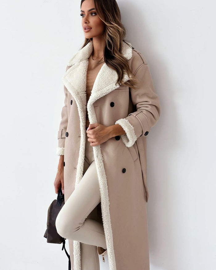 Peyton | Long Double-Breasted Faux Shearling Coat with Belt
