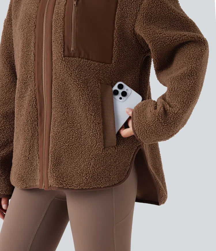 Long Sleeve High-Low Curved Hem Workout Sherpa Jacket with Pockets