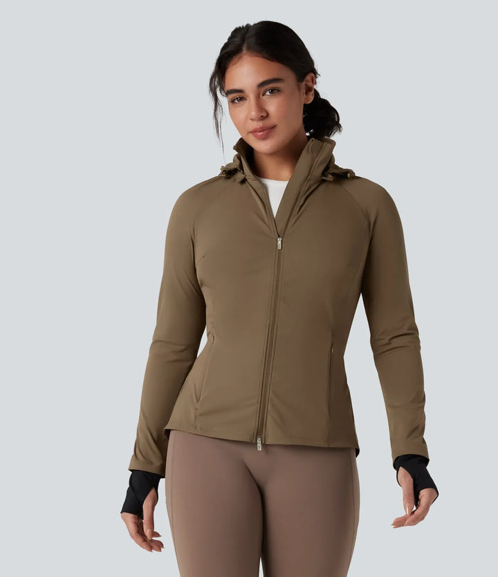 Removable Hood Thumb Holes Drawstring 2-Way Zipper Hiking Jacket with Pockets