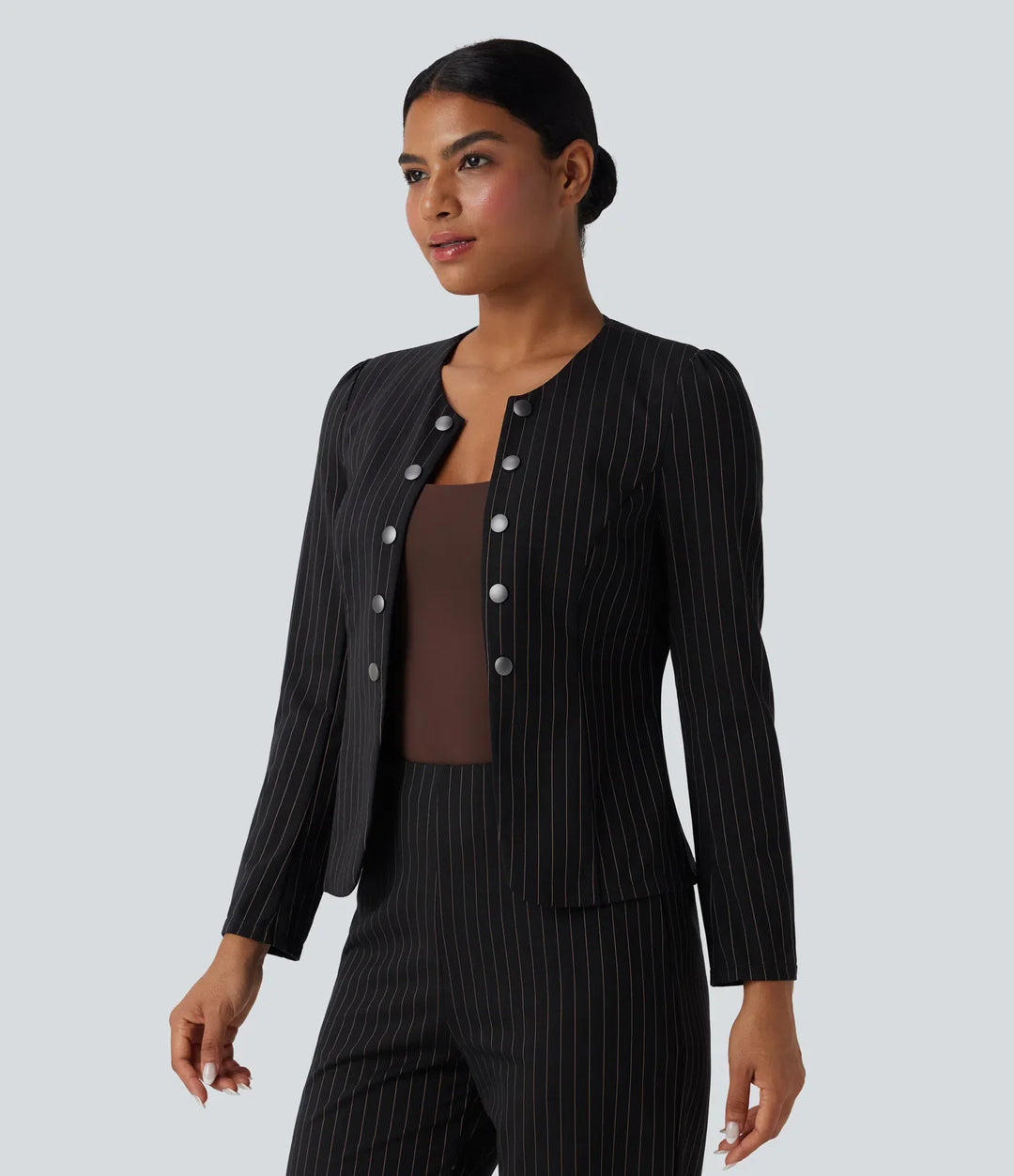 Round Neck Long Sleeve Open Front Work Blazer
