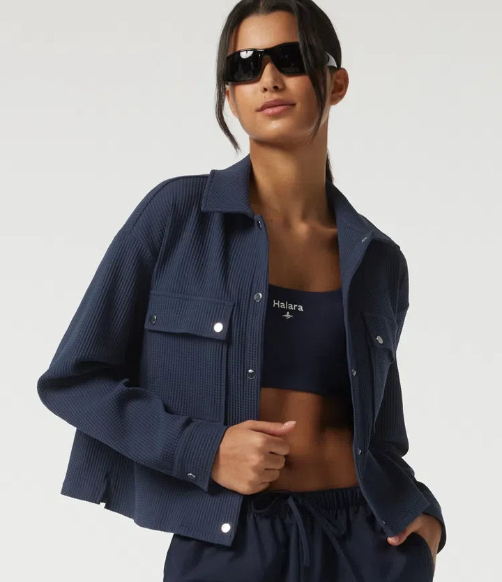 Lapel Dropped Long Sleeve Waffle Casual Jacket with Pockets