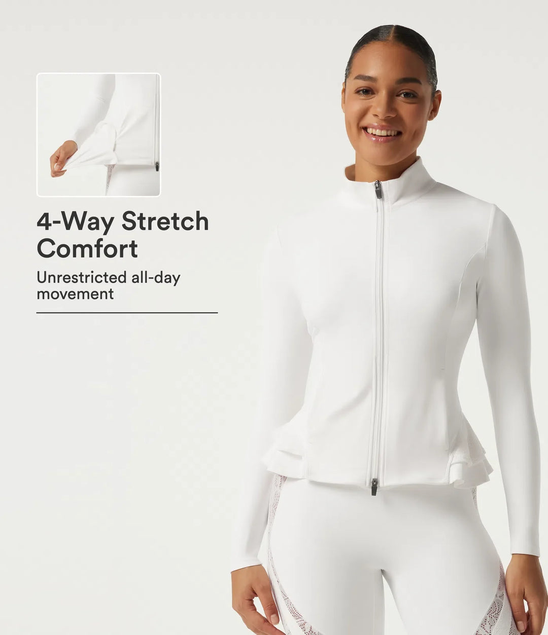 SoftlyZero High Neck Contrast Lace Ruffle Hem Yoga Jacket with Pockets