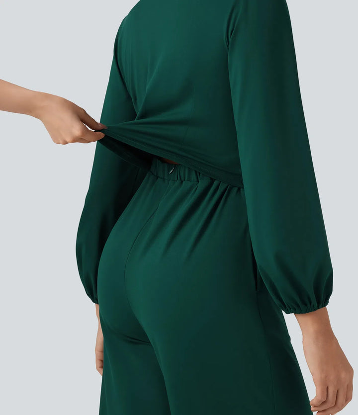 V Neck Long Sleeve Wide Leg Work Jumpsuit with Pockets-Easy Peezy Edition