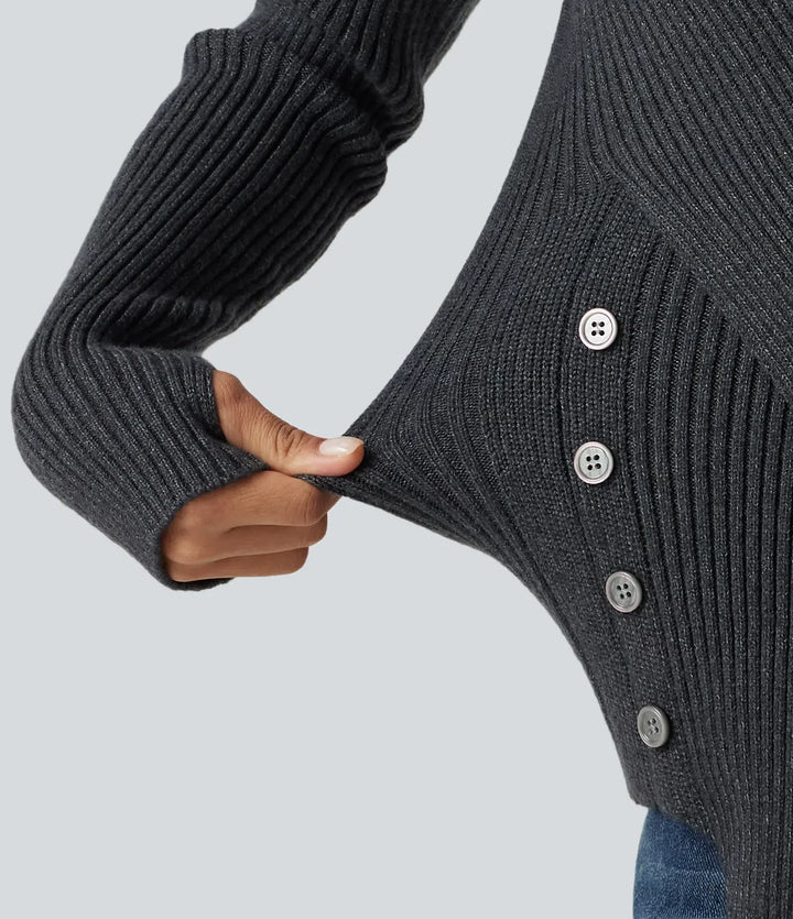 Ribbed Knit High Neck Long Sleeve Thumb Hole Crossover Hem Slim Work Sweater