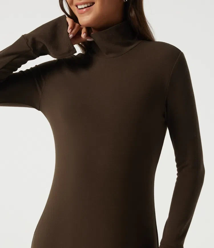 High Neck Long Sleeve Asymmetric Thermal Casual Bodycon Midi Dress