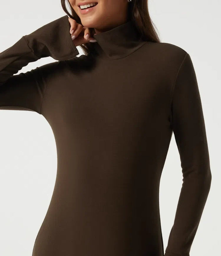 High Neck Long Sleeve Asymmetric Thermal Casual Bodycon Midi Dress
