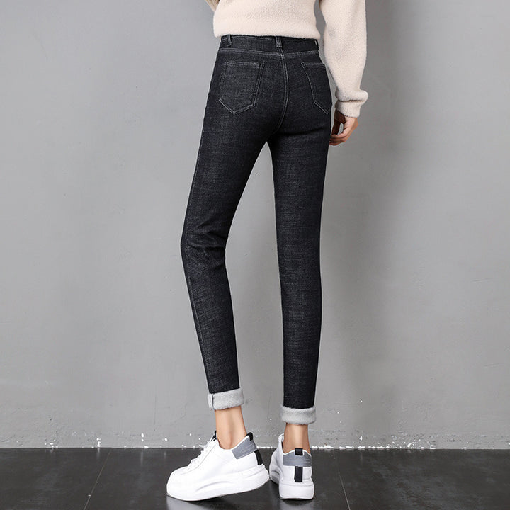 Woman wearing fleece-lined skinny jeans