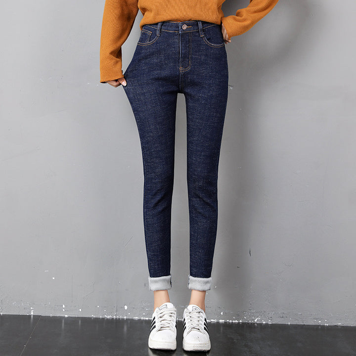 Woman wearing fleece-lined skinny jeans