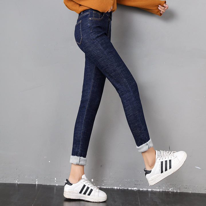 Woman wearing fleece-lined skinny jeans
