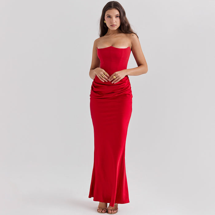 Kinsley | Strapless Satin Corset Maxi Dress with Ruched Waist