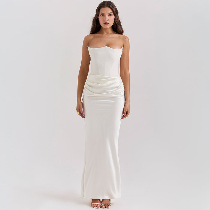 Kinsley | Strapless Satin Corset Maxi Dress with Ruched Waist