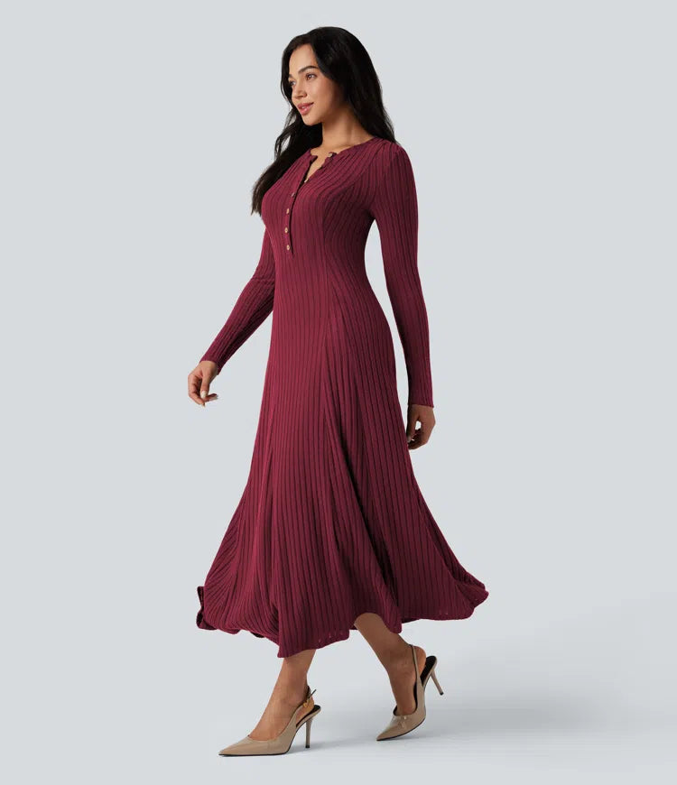 Ribbed Knit Henley Neck Long Sleeve Flowy Maxi Casual Dress
