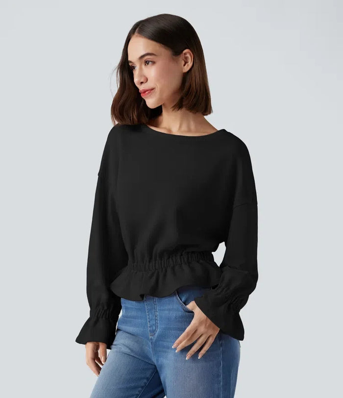 Round Neck Long Sleeve Ruffle Hem Casual Cotton Sweatshirt