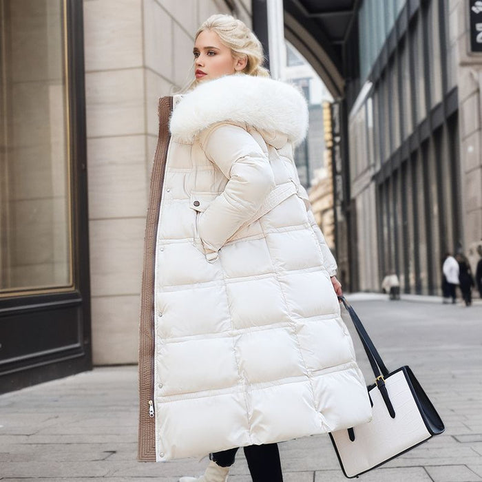 Avery | Long Belted Puffer Coat with Faux Fur Hood