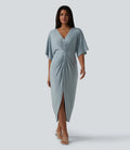 V-neck Batwing Sleeve Twisted Tulip Hem Midi Casual Dress